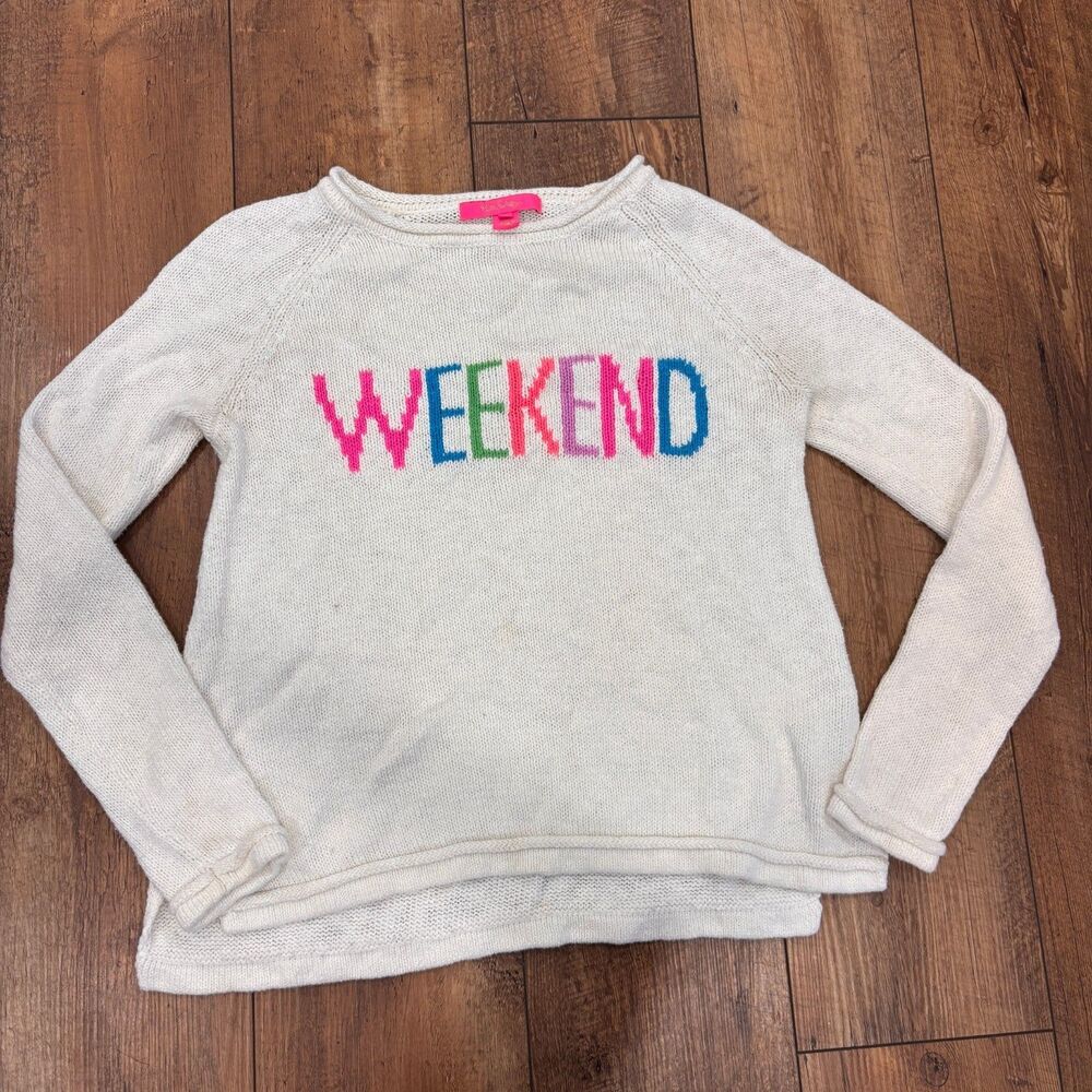 Lilly Pulitzer Weekend Sweater Women XS White Multicolor Spellout Cotton Blend - Picture 2 of 8